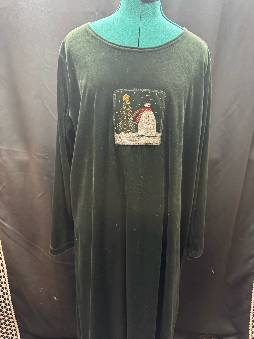 Girls' Dark Green Snowman Velvet Dress
